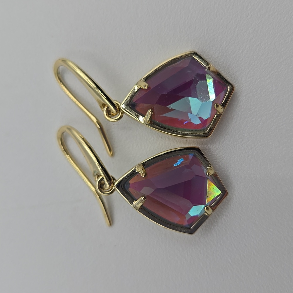 Kendra Scott Elle Gold Drop Earrings Dichroic Glass 18k Gold Over Brass - Picture 3 of 4